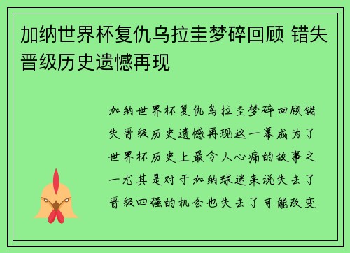 加纳世界杯复仇乌拉圭梦碎回顾 错失晋级历史遗憾再现